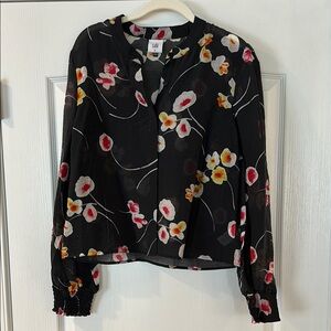 CAbi Pink and Yellow Smocked Blouse with Mandarin Collar